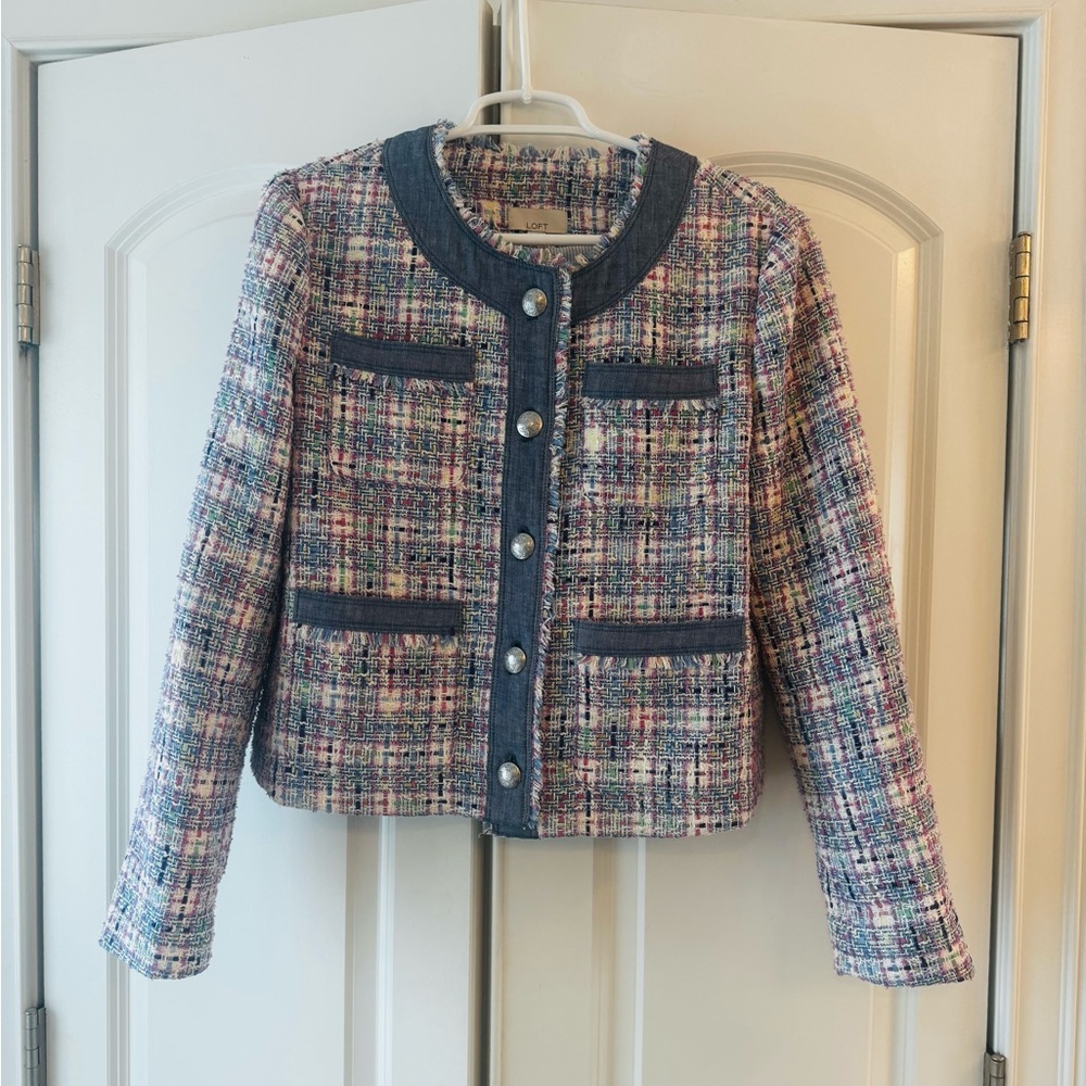 LOFT Multicolor Tweed Cropped Jacket with Navy Trim
